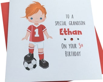 Personalised Handmade Footballer Birthday Card 3rd 4th 5th 6th 7th 8th 9th 10th 11th 12th 13th etc any age Red & red hair kit