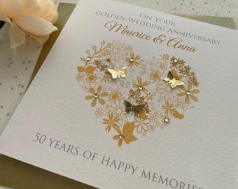 Personalised Handmade Gold- 50th Wedding Anniversary Heart Card