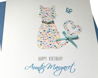 Personalised Handmade Cat Birthday Card Granny Mum Sister friend Mother Cousin Daughter etc