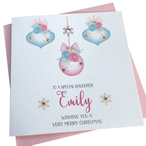 Personalised Handmade Pastel Baubles Christmas Card ANY NAME/WORDING- Daughter-Niece-Cousin-Granddaughter-Goddaughter-Mum- Sister-Auntie etc