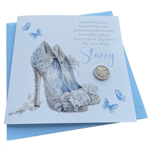 Personalised Handmade Wedding Sixpence Card- Something old, Something new, Lucky sixpence Blue Shoe