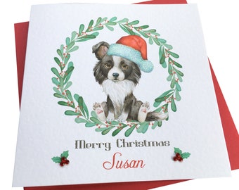 Personalised Handmade Black & White Border Collie Christmas Card ANY WORDING