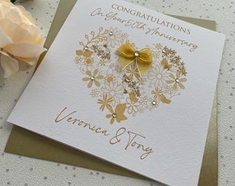 Golden / 50th Wedding Anniversary Heart Design personalised card