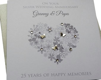 Personalised Handmade Silver-25th Wedding Anniversary Heart Card