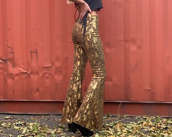 GOLD SUEDE piel de serpiente animal selva estampado campana inferior o LEGGINGS moda gitana hippie retro festival yoga dance resort beach lounge pantalones