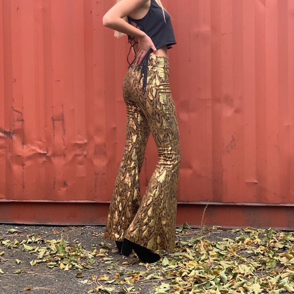 GOLD SUEDE snakeskin animal  jungle print  bell bottom or LEGGINGS fashion gypsy hippie retro festival yoga dance resort  beach lounge pants