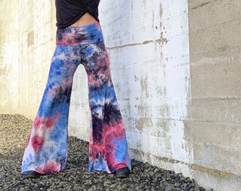 TIE DYE rayon eco palazzo (wide leg, goucho) bell bottom bohemian yoga lounge dance beach resort casual pants with fold waistband