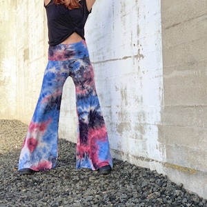 TIE DYE rayon eco palazzo (gamba larga, goucho) fondo a campana boho yoga lounge dance beach resort pantaloni casual con cintura piegata