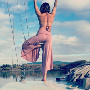 BAMBOO YOGA WIDE leg rayon palazzo gaucho resort lounge beach athleisure capri pant pants with fold over waist