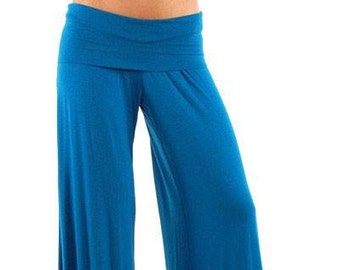 TEAL BLUE WIDE leg elegant flowy rayon palazzo gaucho resort lounge dance athleisure beach pants with fold over skirt waist