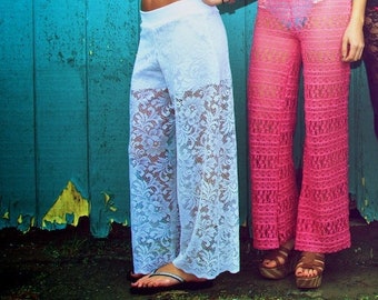 BOHO CHIC LACE floral wide leg beach resort festival burning man gypsy hippie dance yoga lounge pants with shorts liner