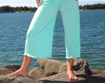 Caribbean green rayon palazzo wide leg gaucho resort yoga lounge beach capri pant (calf length) pants with fold over  waist