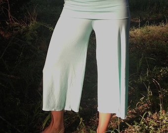 NATURAL BAMBOO RAYON  eco wide leg palazzo gaucho resort yoga lounge beach capri pant (calf length) pants with fold over skirt  waist