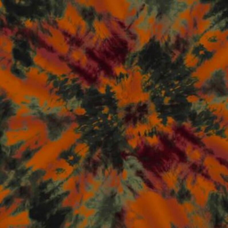 May include: Abstract tie-dye pattern in shades of orange, green, and burgundy. The pattern is reminiscent of a swirling vortex.