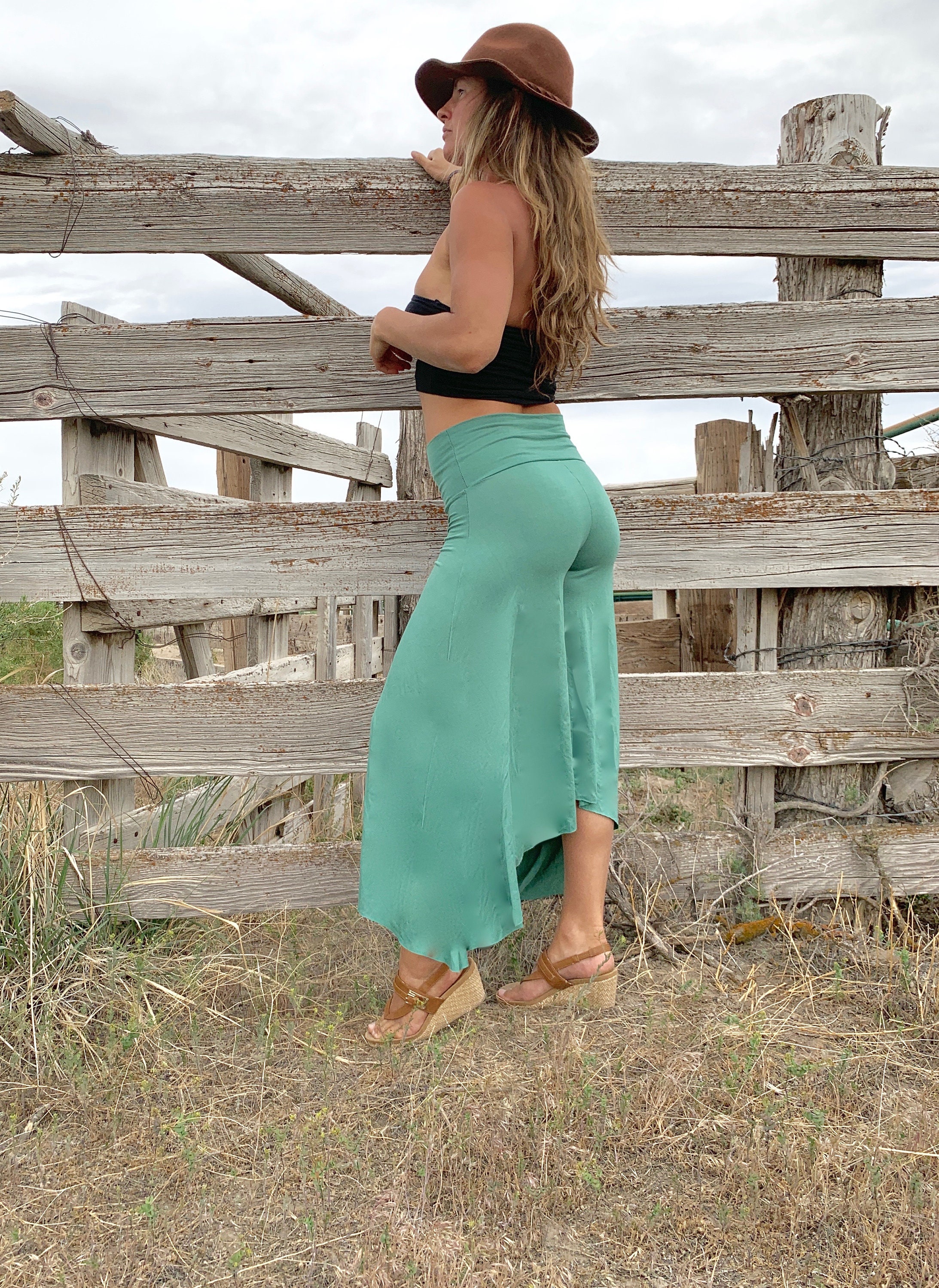JADE GREEN WIDE Leg Rayon Palazzo Gaucho Resort Yoga Lounge Beach