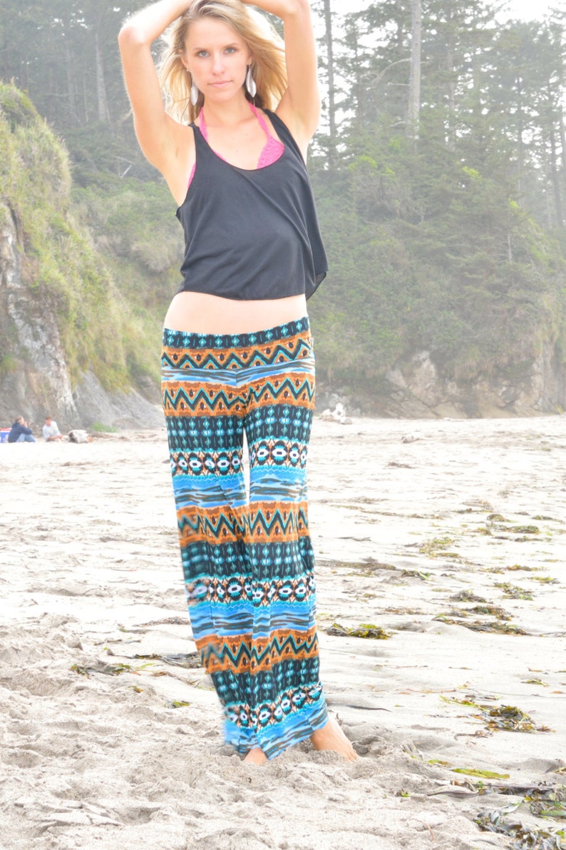 AZTEC TRIBAL STRIPE turquoise blue flare leg bell bottom fashion gypsy hippie retro festival yoga beach lounge pants image 2