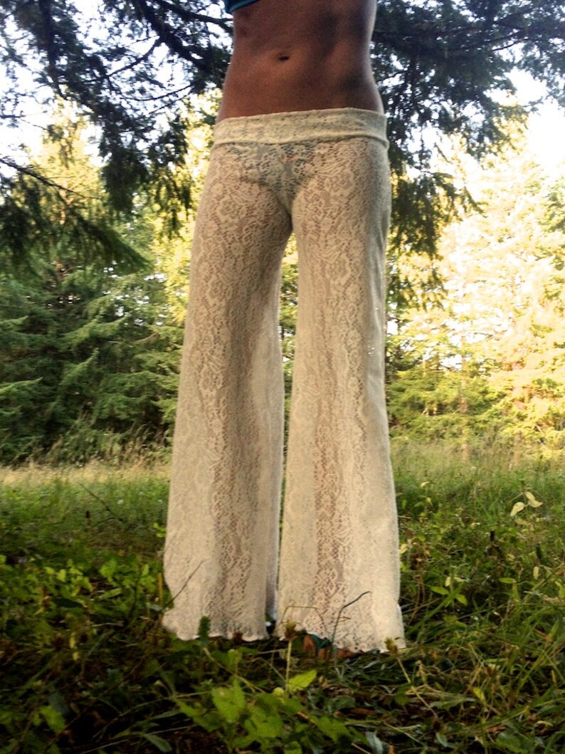 White crochet stretchy lace boho 70's beach yoga resort festival palazzo gypsy hippie bell bottom pants with skirt waistband image 2