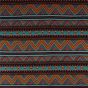 May include: A black fabric with a repeating pattern of brown, orange, blue, and red geometric shapes. The pattern is made up of zigzags, diamonds, and dots.