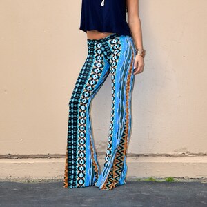 AZTEC TRIBAL STRIPE turquoise blue flare leg bell bottom fashion gypsy hippie retro festival yoga beach lounge pants image 1