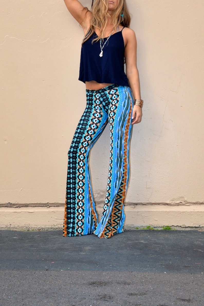 AZTEC TRIBAL STRIPE turquoise blue flare leg bell bottom fashion gypsy hippie retro festival yoga beach lounge pants image 1