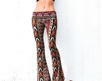 AZTEC TRIBAL STRIPE  flare leg gypsy hippie retro festival yoga fashion bell bottoms with fold waist optional