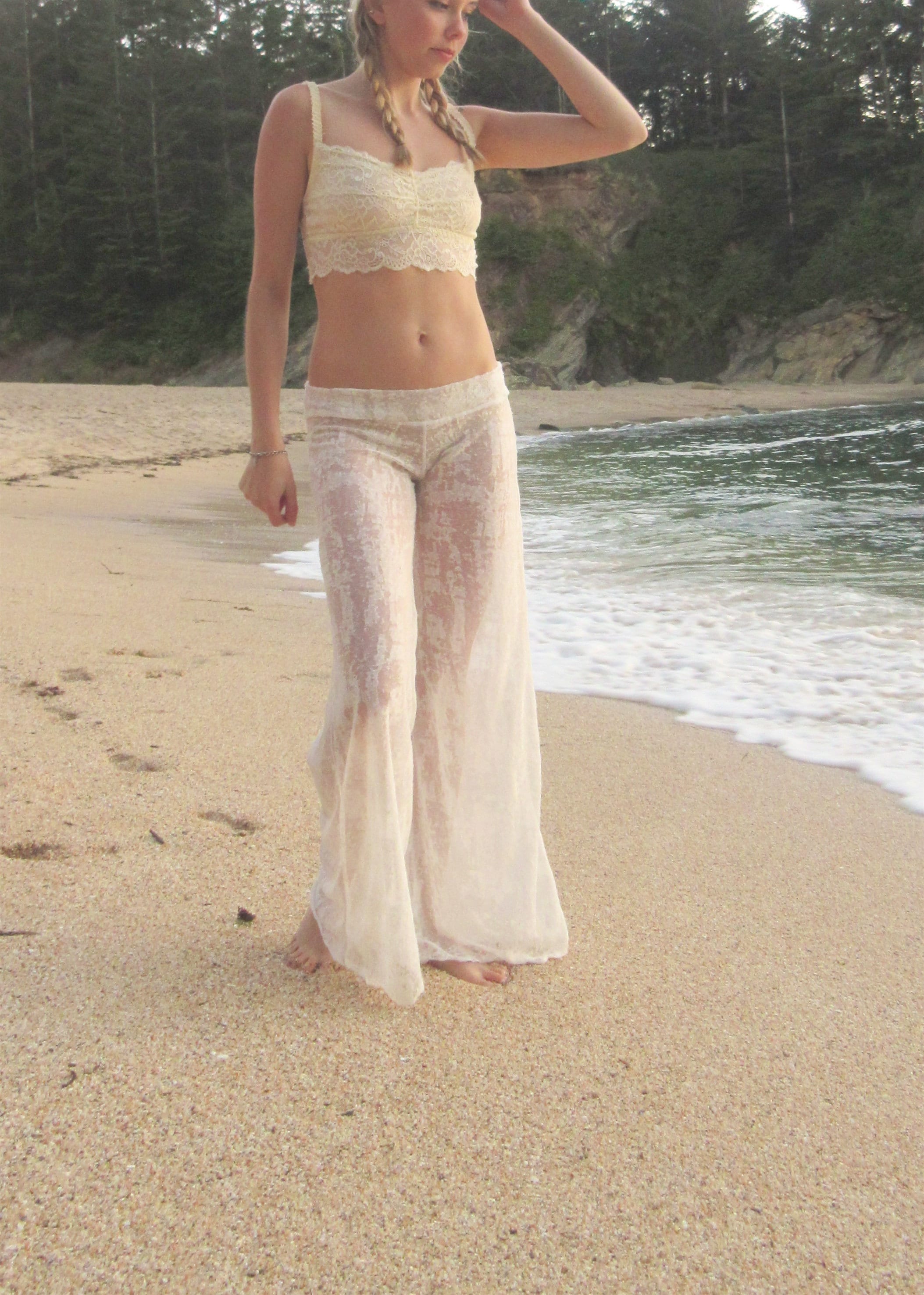 qazqa women's beach sheer mesh legging pant see through bikini bottom  swimsuit cover up black l 