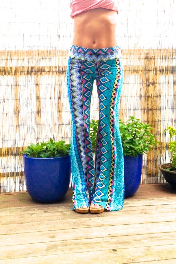 AZTEC TRIBAL STRIPE Turquoise Blue Flare Leg Bell Bottom Fashion Gypsy  Hippie Retro Festival Yoga Beach Lounge Pants 