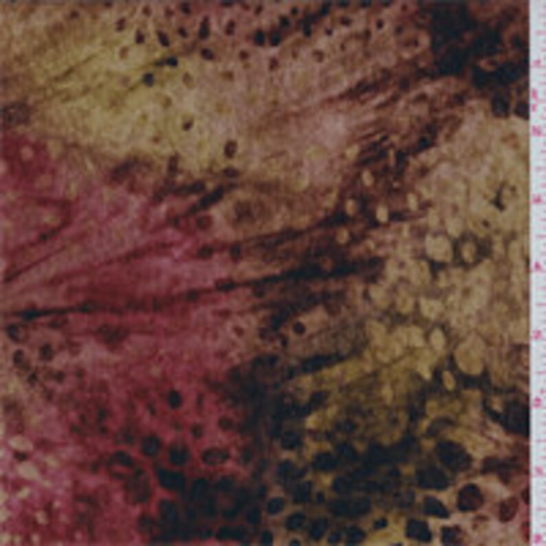 May include: Abstract fabric with a brown, red, and black color scheme. The fabric has a mottled, speckled pattern.