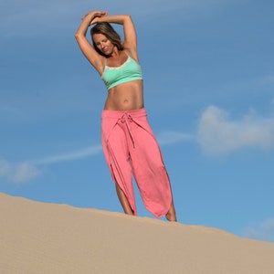 PINK HAREM (wide leg, goucho) yoga lounge beach resort open leg wrap capri pants with  side drawstring