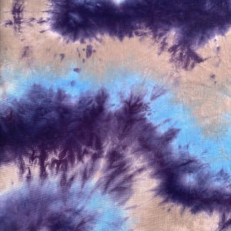 May include: Abstract tie-dye fabric in shades of blue, purple, and brown. The fabric has a swirling, marbled pattern.