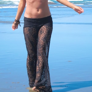 BLACK STRETCH LACE wide leg festival summer dance fashion beach yoga lounge palazzo pants with shorts liner optional image 2