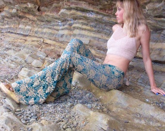 FLORAL CROCHET emerald green lace boho beach yoga  resort festival burning man gypsy hippie bell bottom pants with shorts liner (optional)