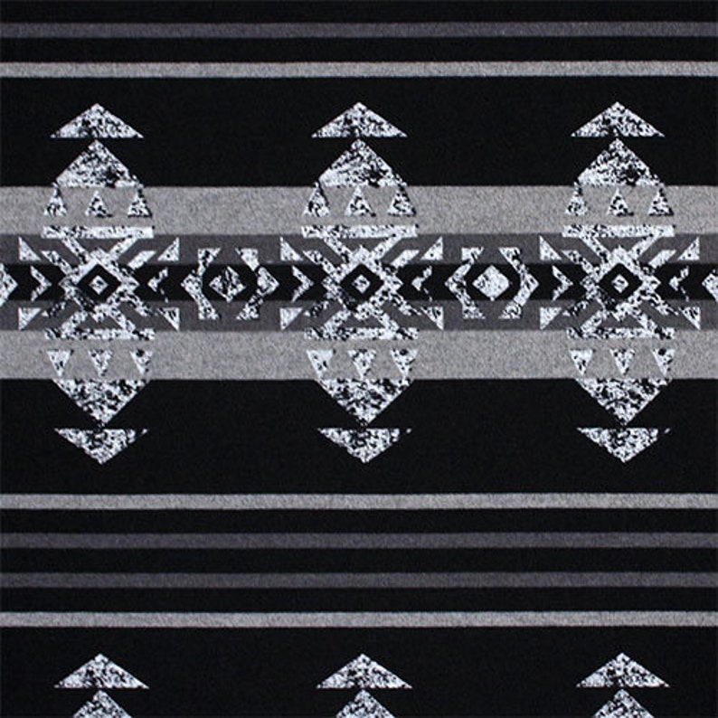 May include: Black and white geometric pattern with a striped background. The pattern features a series of triangles and diamonds.