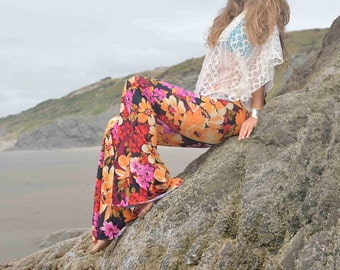FLORAL PRINT BELL bottom boho dance beach resort yoga festival burning man gypsy fashion wide leg palazzo or bell bottoms or leggings