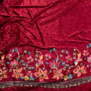 Pode incluir: Tecido de veludo bord&ocirc; com uma borda bordada de flores. O bordado apresenta uma variedade de flores e folhas coloridas.