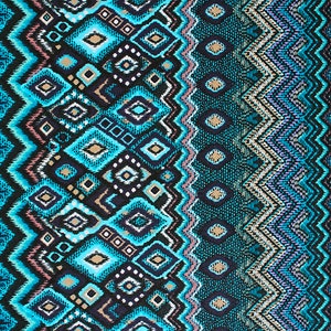 May include: A blue and black fabric with a geometric pattern. The pattern features diamonds, zigzags, and other abstract shapes.