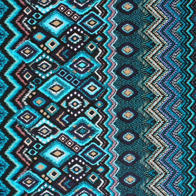 May include: A blue and black fabric with a geometric pattern. The pattern features diamonds, zigzags, and other abstract shapes.