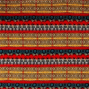 May include: A colorful fabric with a repeating geometric pattern in shades of red, yellow, orange, black, blue, and white.