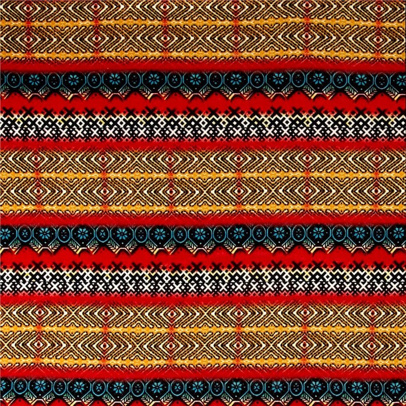 May include: A colorful fabric with a repeating geometric pattern in shades of red, yellow, orange, black, blue, and white.