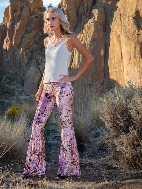 FLORAL VELVET 70's Velour Free People Hippie Chic Boho Dance Festival  Burning Man Gypsy Flare Bell Bottom Pants or Leggings 