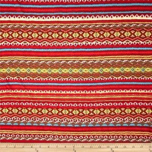 May include: Red, brown, yellow, and blue striped fabric with a geometric pattern. The fabric has a repeating pattern of stripes and geometric shapes.