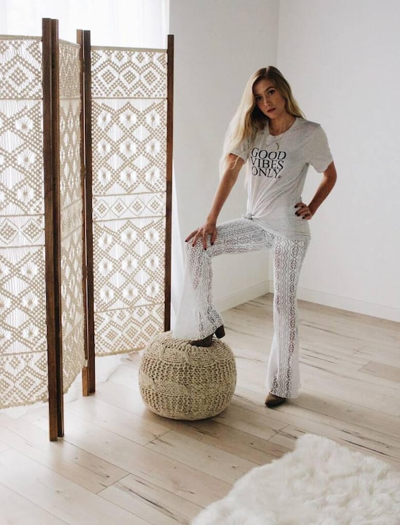 AZTEC TRIBAL white lace burning man playa yoga lounge beach summer festival bell bottom flare pants with shorts liner optional