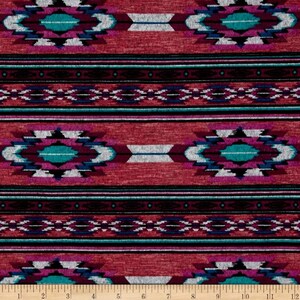 May include: Red fabric with a repeating pattern of turquoise, black, white, and pink geometric shapes. The fabric has a textured, woven look.