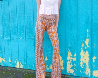 BOHEMIAN VERTICAL STRIPE Indian print cotton  70's fashion flare leg gypsy hippie retro festival yoga beach lounge bell bottoms