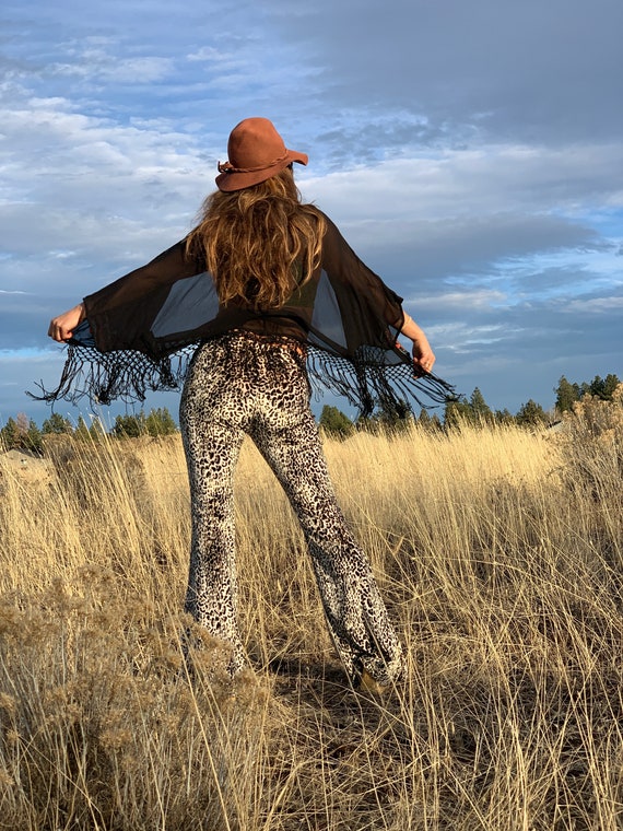 SNOW LEOPARD velvet animal jungle print tribal fall fashion hippie chic boho dance yoga festival gypsy flare bell bottom pants (or leggings)