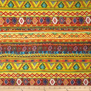 May include: Multicolored fabric with a repeating geometric pattern. The pattern features red, yellow, blue, green, and white colors. The fabric has a tribal or ethnic design.