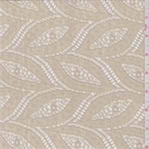 May include: Beige fabric with a white leaf pattern. The fabric has a textured, woven look.