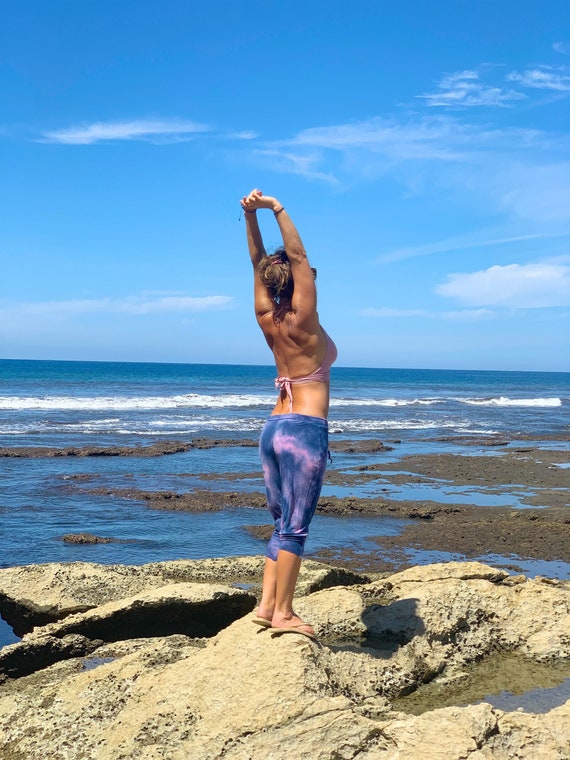 TIE DYE purple pink athleisure beach lounge yoga resort relax dance joggers capris with drawstring or foldover waistband