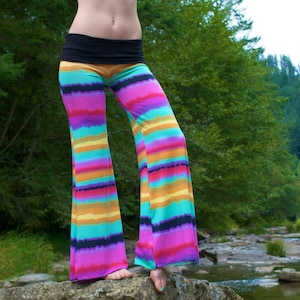 TIE DYE palazzo flare leg yoga resort lounge beach festival dance pants with fold over waistband