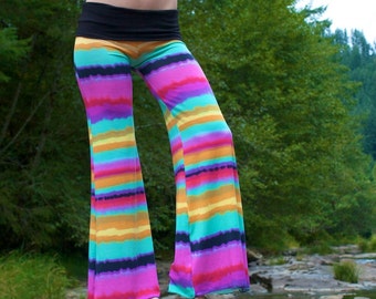 TIE DYE palazzo flare leg yoga resort lounge beach festival dance pants with fold over waistband